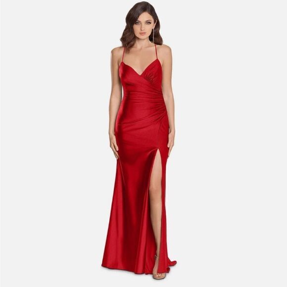 XSCAPE NWT Lace Up Jersey Gown Size 2 Red V Neck Ruched Slit Dress - Picture 2 of 5
